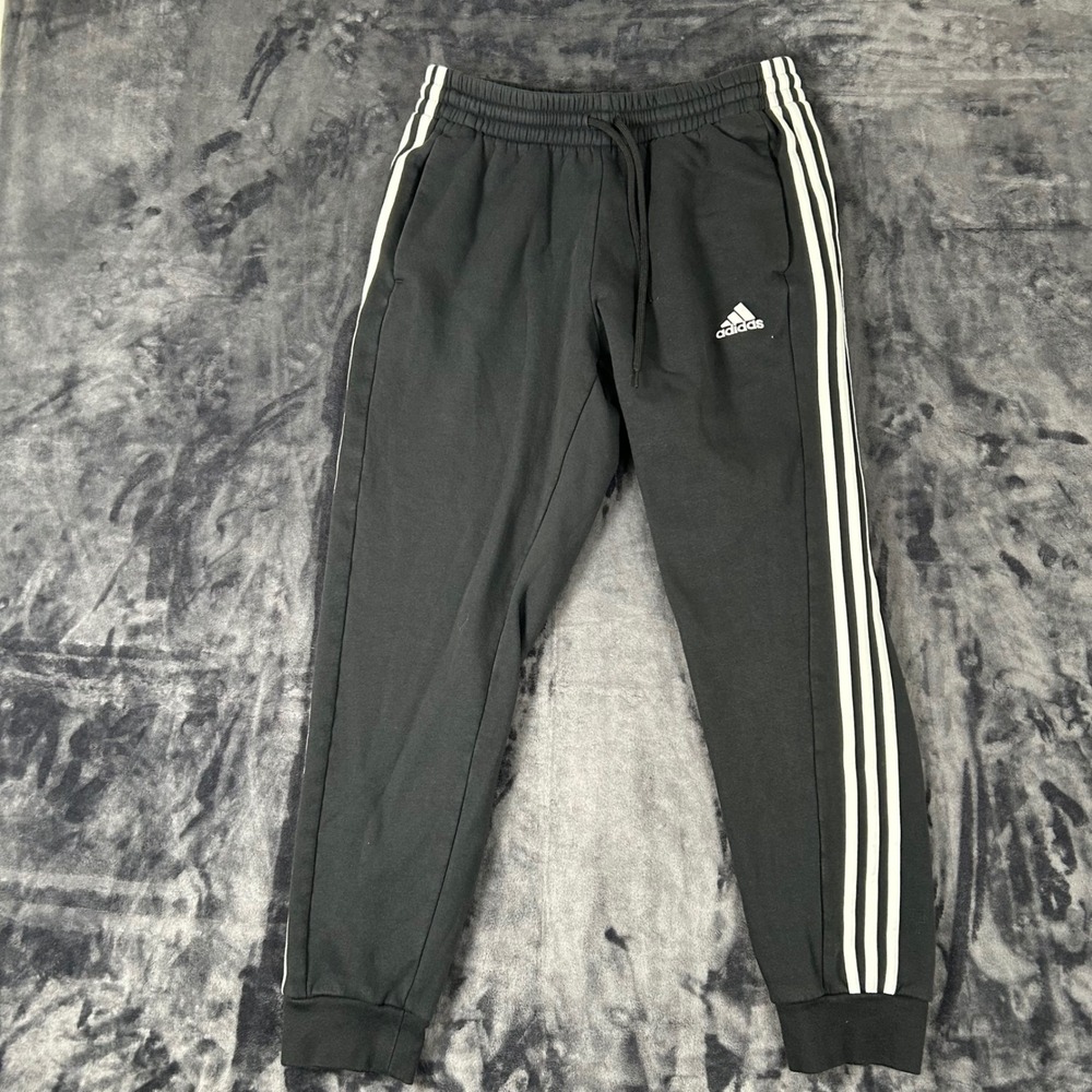 Adidas Joggers Mens Large Black 3-Stripe Fleece Sweatpants Tapered Cuffs 2617